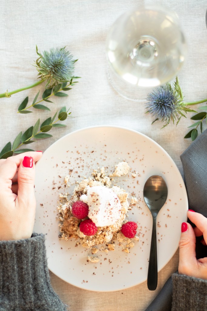 Banana crumble with chocolate and coconut icecream.